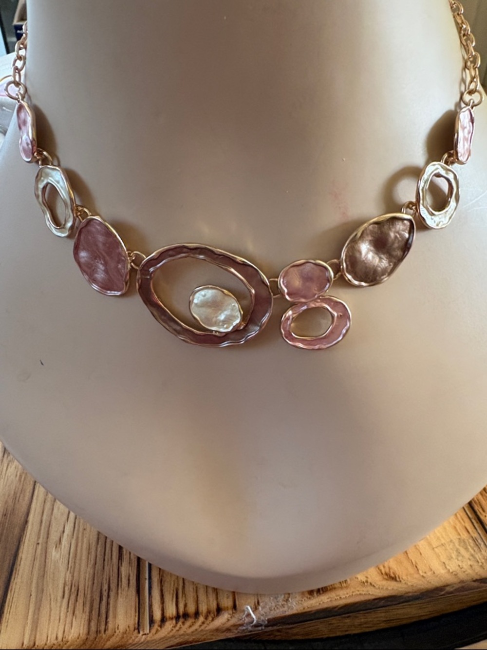 Pink and Cream Gold-Tone Organic Statement Necklace
